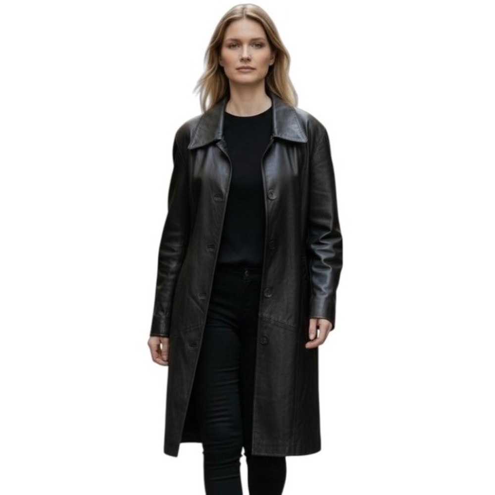 Black Vegan Leather Women's XL Trench Jacket Relaxed Fit Dark‎ Academia